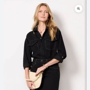 Pistola Amira Evereve Denim Midi Black Button Up Waisted Long Sleeve Dress